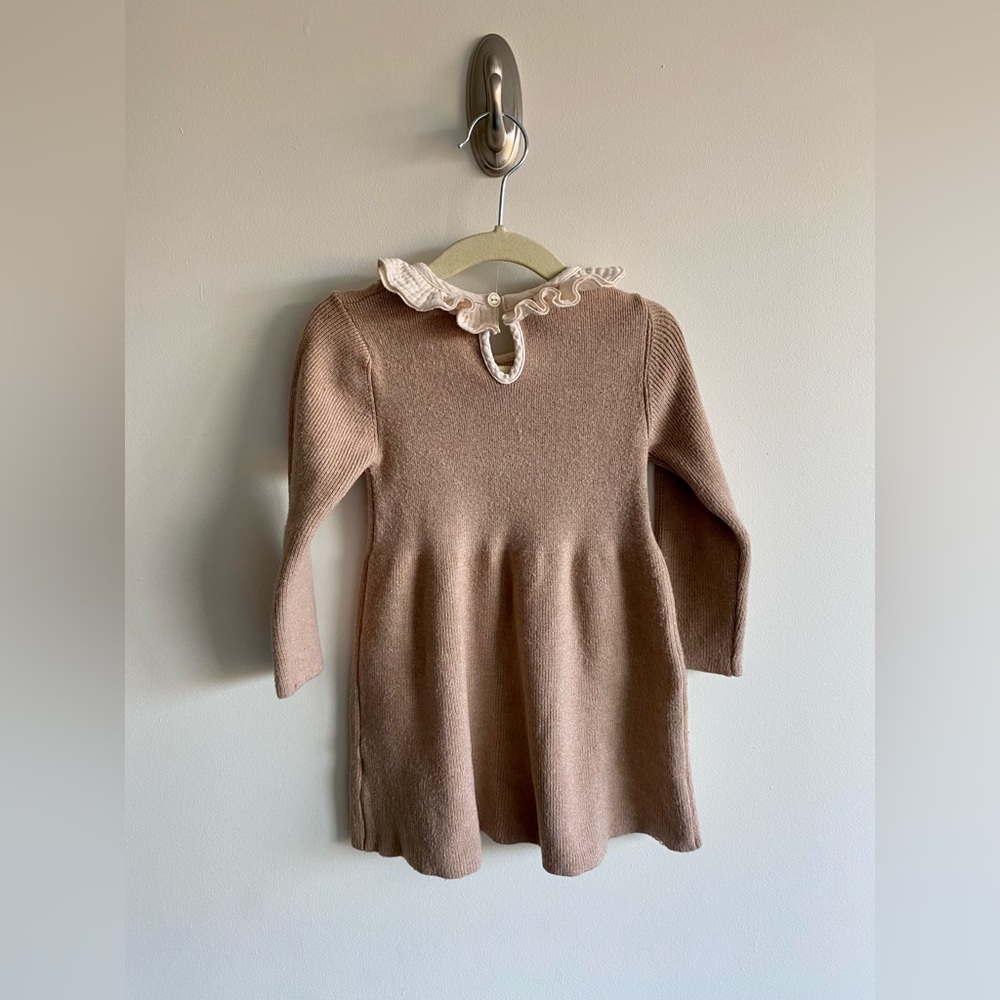 Zara girls knit camel colored dress with cream ruffle collar. Zara knitwear. - Picture 2 of 9